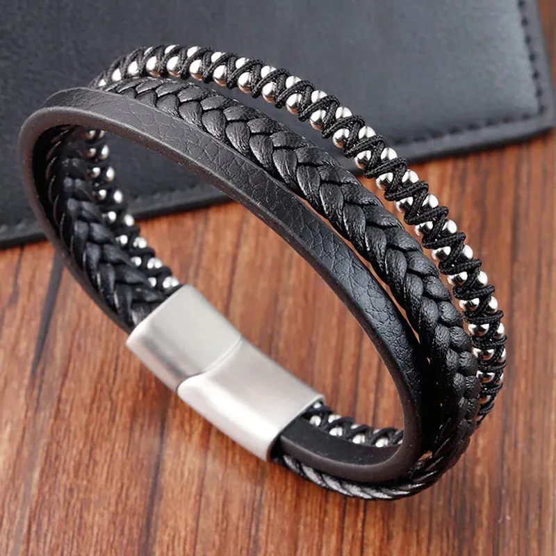 Braided Rope Woven Black Leather Stainless Steel Men's Bracelet -  Punk Style Fashion Jewelry Charm Bangle For Everyday Use & Party - Elegant Gift for Men