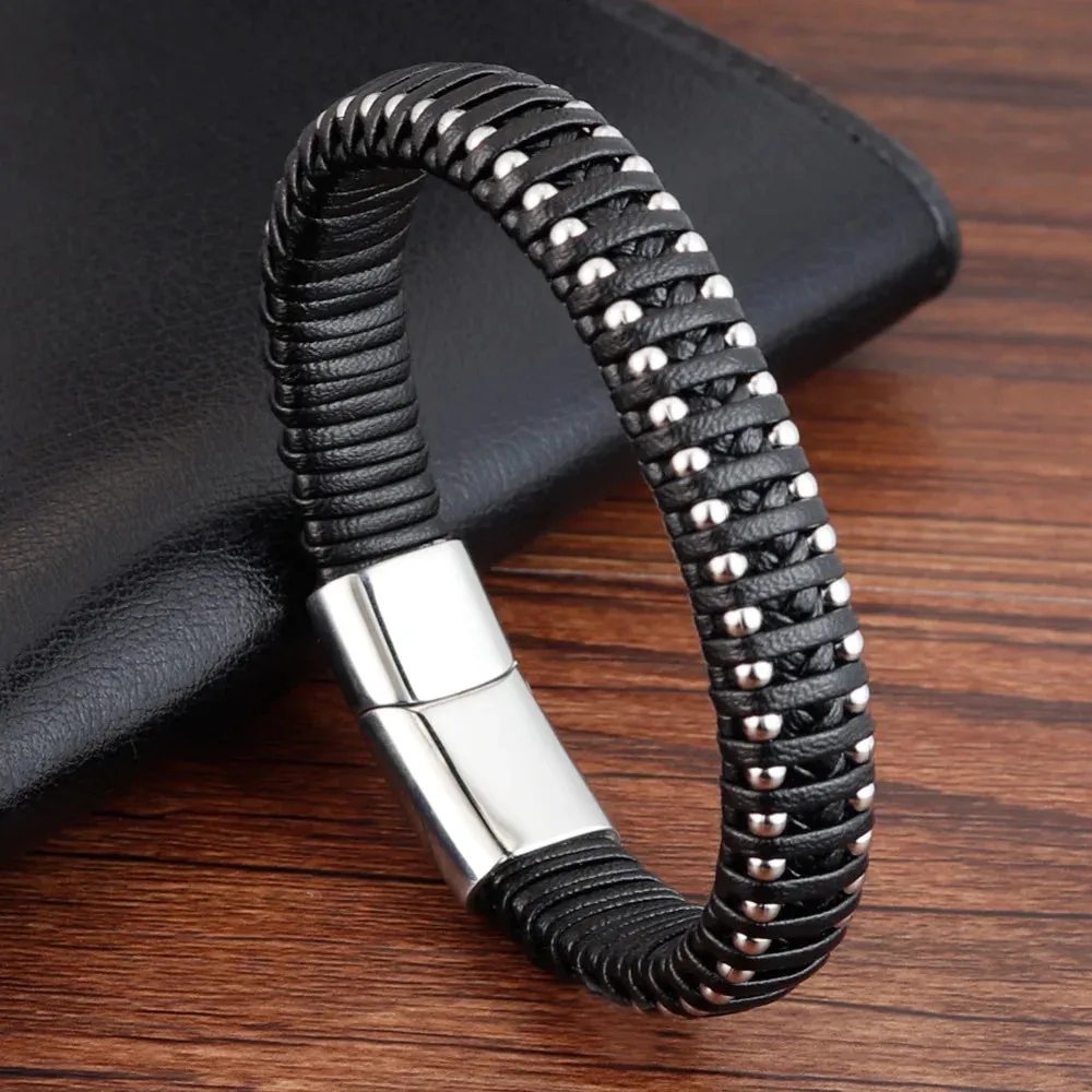Braided Rope Woven Black Leather Stainless Steel Men's Bracelet -  Punk Style Fashion Jewelry Charm Bangle For Everyday Use & Party - Elegant Gift for Men