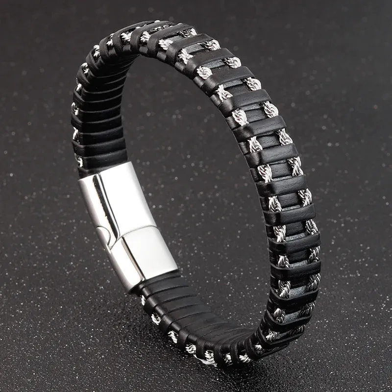Braided Rope Woven Black Leather Stainless Steel Men's Bracelet -  Punk Style Fashion Jewelry Charm Bangle For Everyday Use & Party - Elegant Gift for Men