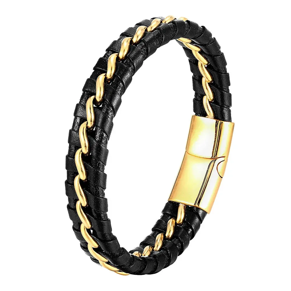 Braided Rope Woven Black Leather Stainless Steel Men's Bracelet -  Punk Style Fashion Jewelry Charm Bangle For Everyday Use & Party - Elegant Gift for Men