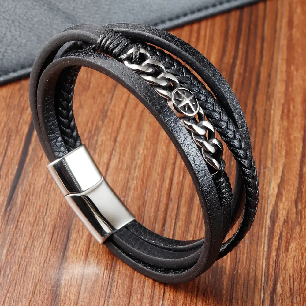 Braided Rope Woven Black Leather Stainless Steel Men's Bracelet -  Punk Style Fashion Jewelry Charm Bangle For Everyday Use & Party - Elegant Gift for Men