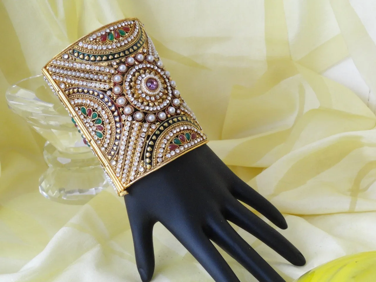 Bridal Statement Beaded bracelet from India. "Queen's Amulet"- wedding broad bracelet bangle. Beads and stone. From Artikrti