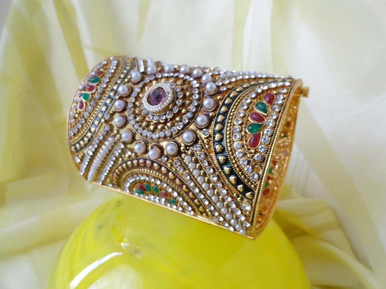 Bridal Statement Beaded bracelet from India. "Queen's Amulet"- wedding broad bracelet bangle. Beads and stone. From Artikrti