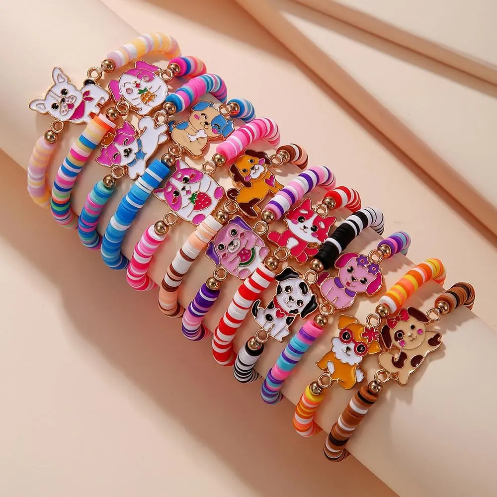 Cartoon Braided Polymer Clay Bead Bracelet For Women Teens Elastic Chain Cute Dog Cat 12pcs/Set Jewelry Gift