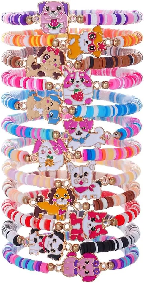Cartoon Braided Polymer Clay Bead Bracelet For Women Teens Elastic Chain Cute Dog Cat 12pcs/Set Jewelry Gift
