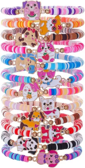 Cartoon Braided Polymer Clay Bead Bracelet For Women Teens Elastic Chain Cute Dog Cat 12pcs/Set Jewelry Gift