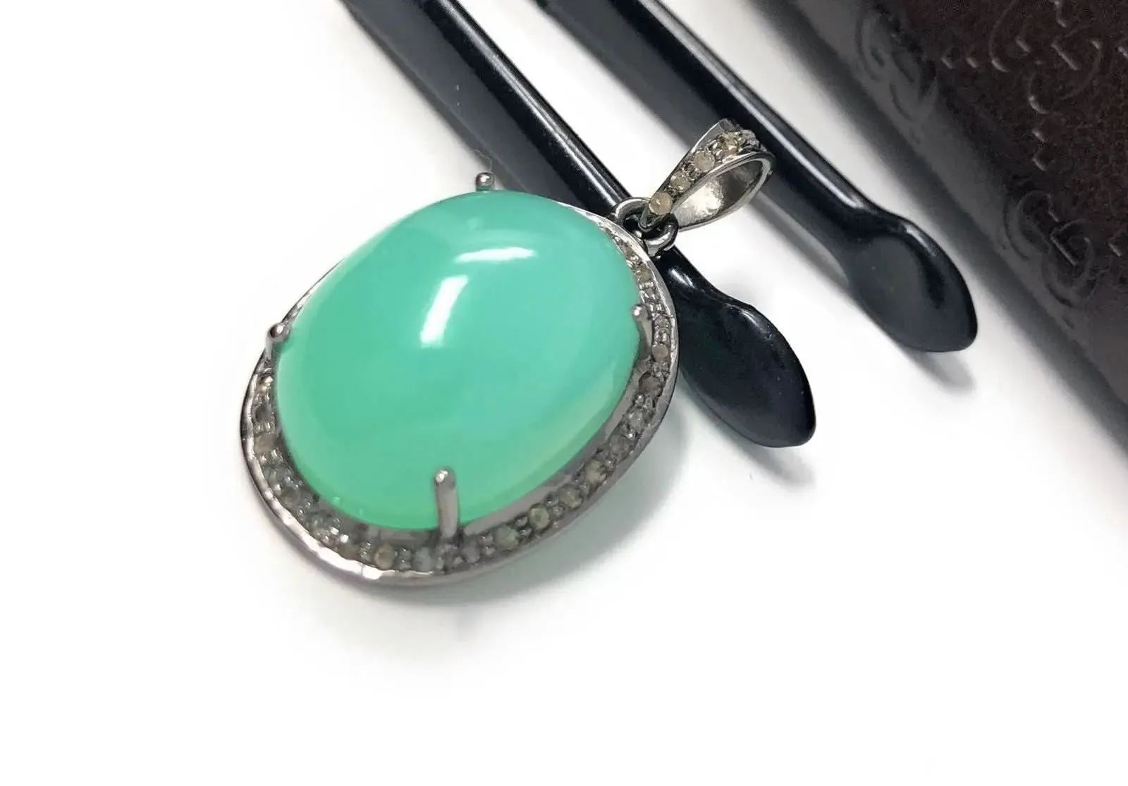 Charming Green Chrysoprase and Diamond Pendant in Oxidized Silver