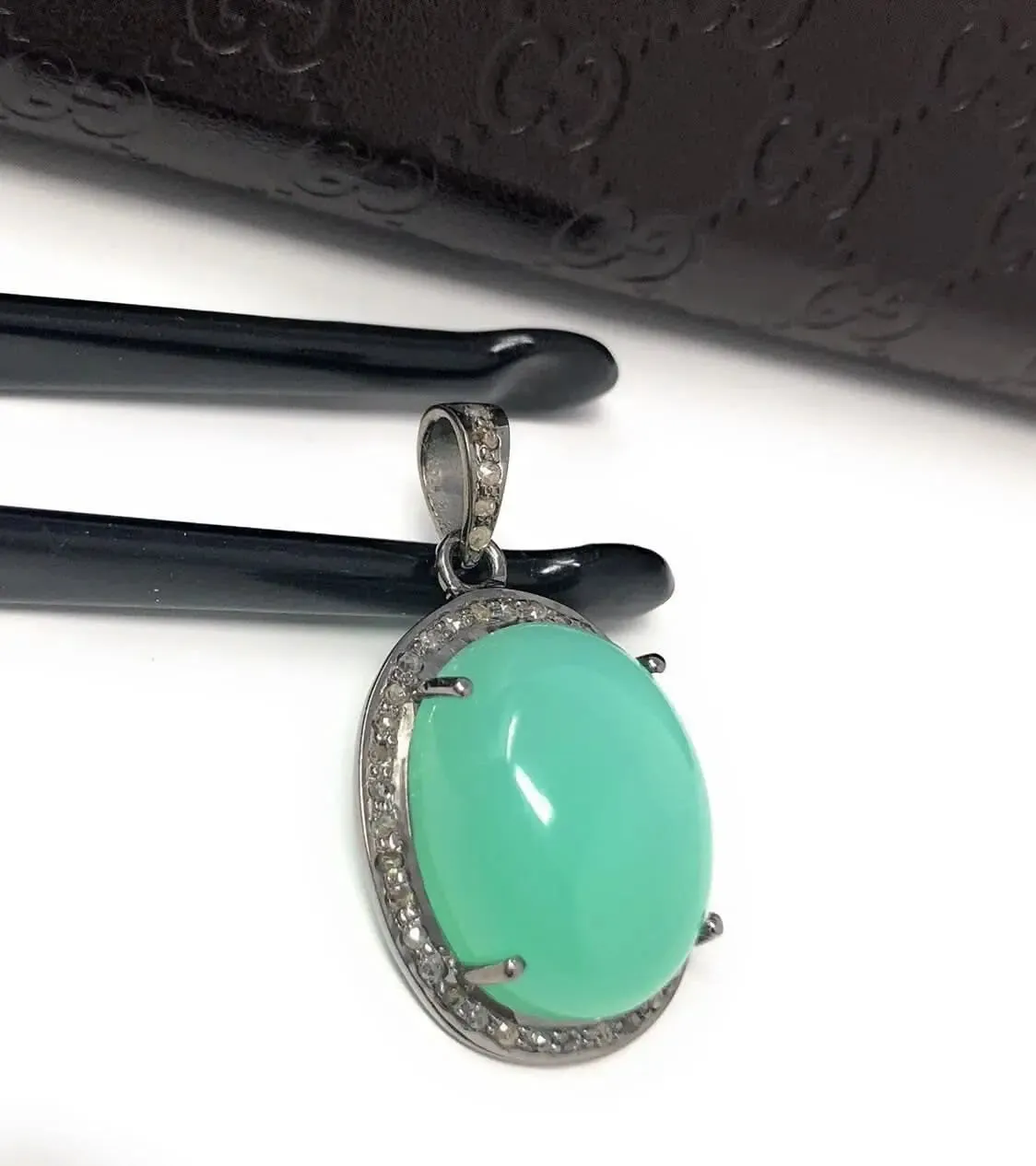 Charming Green Chrysoprase and Diamond Pendant in Oxidized Silver