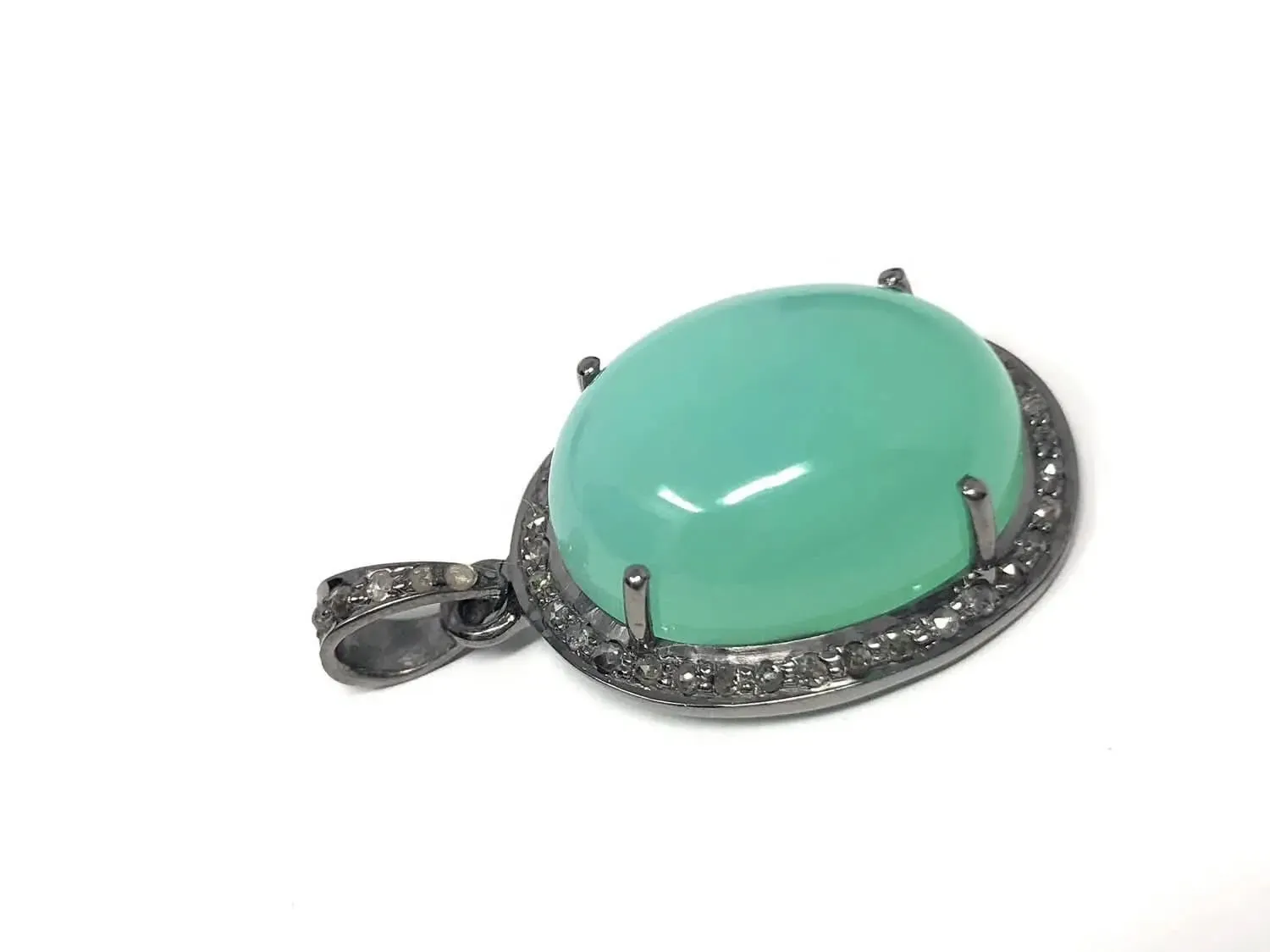 Charming Green Chrysoprase and Diamond Pendant in Oxidized Silver