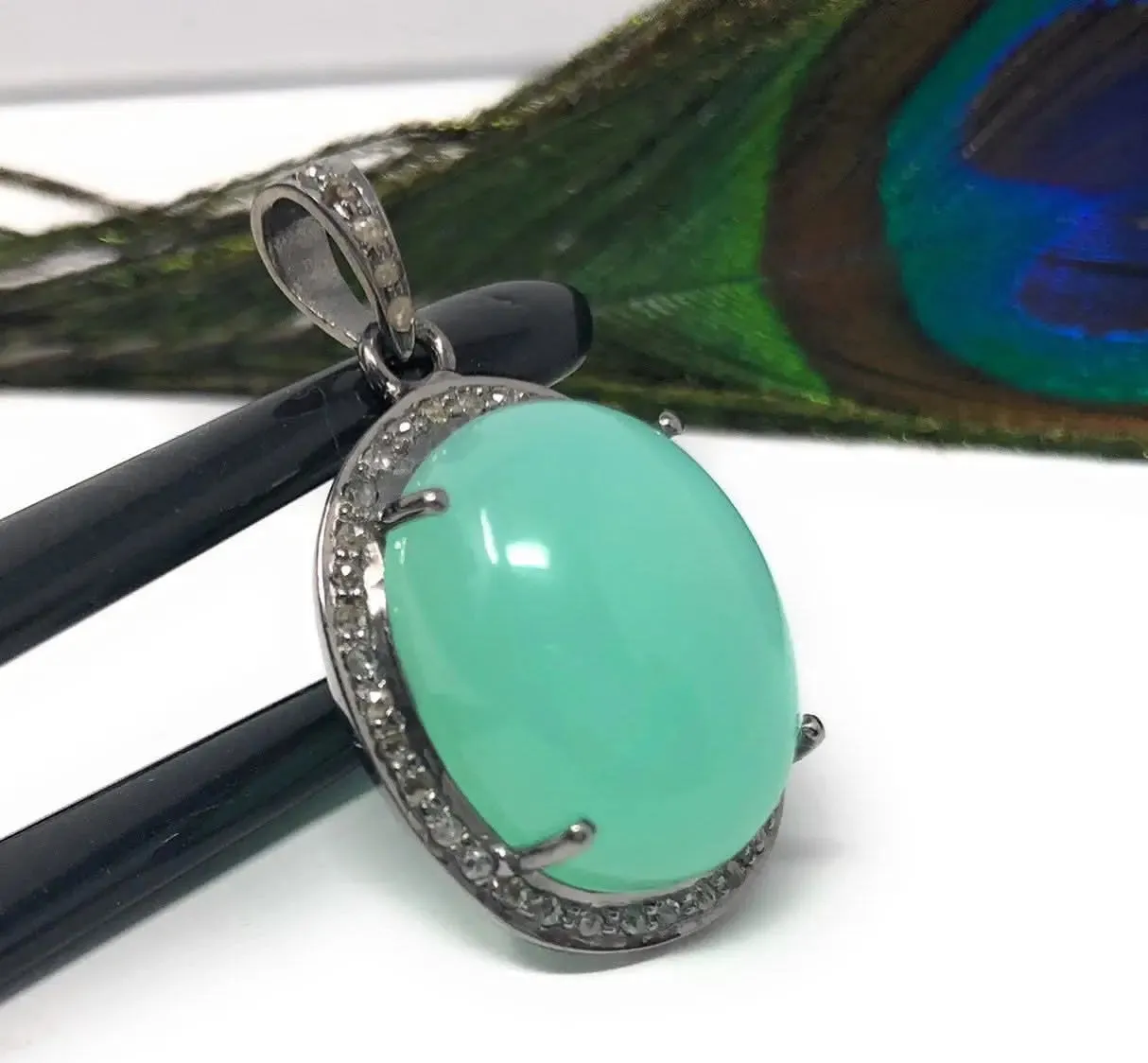Charming Green Chrysoprase and Diamond Pendant in Oxidized Silver