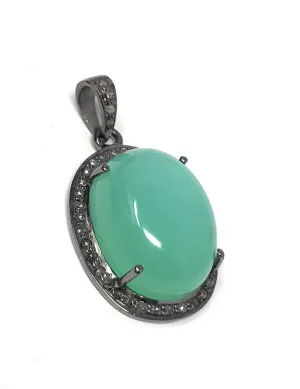 Charming Green Chrysoprase and Diamond Pendant in Oxidized Silver