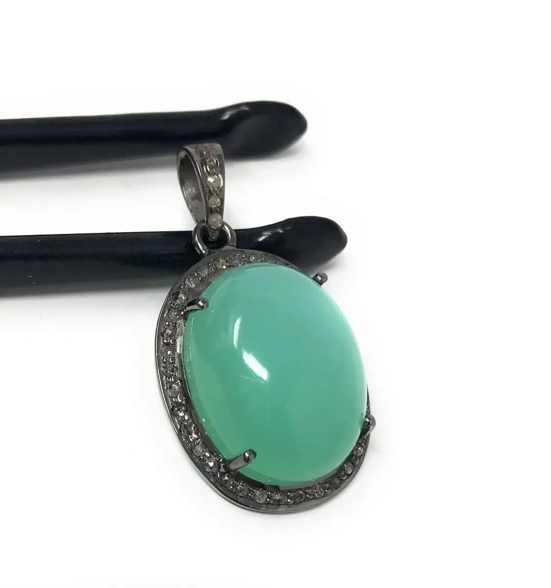 Charming Green Chrysoprase and Diamond Pendant in Oxidized Silver