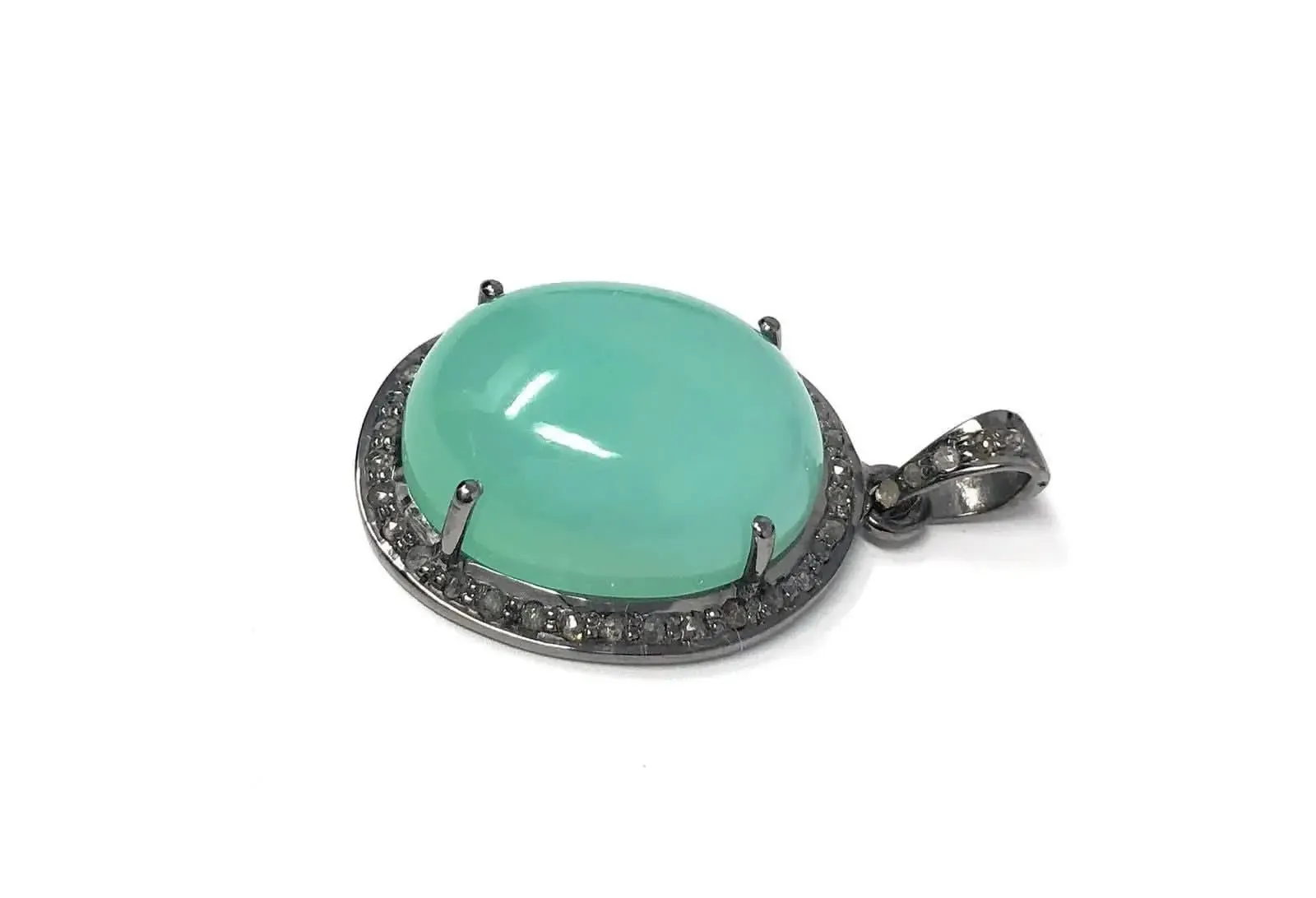 Charming Green Chrysoprase and Diamond Pendant in Oxidized Silver