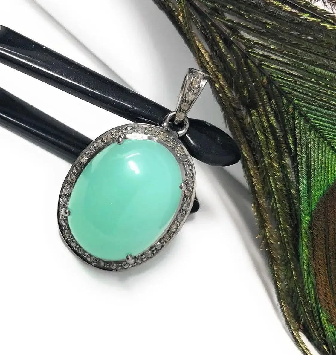 Charming Green Chrysoprase and Diamond Pendant in Oxidized Silver