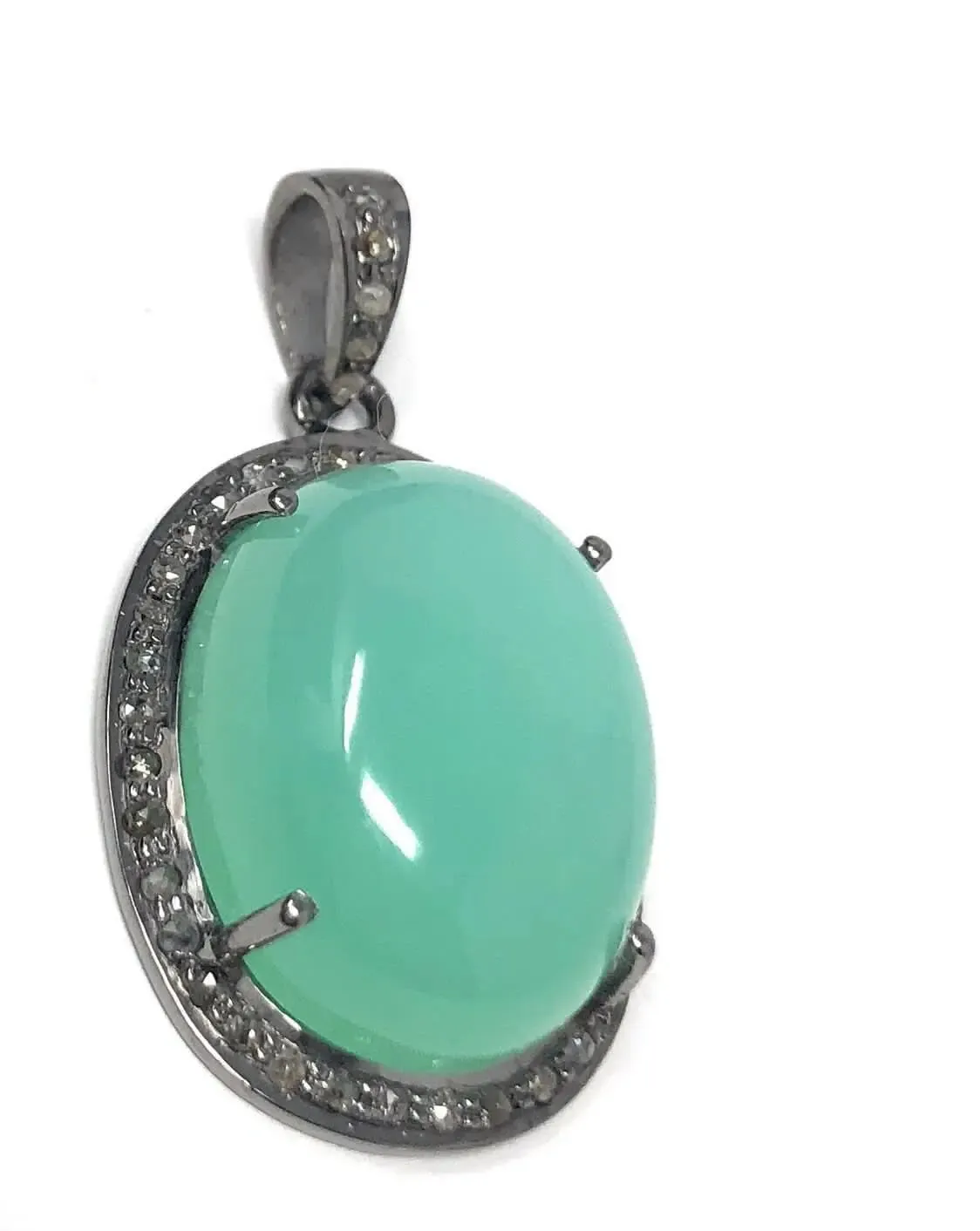 Charming Green Chrysoprase and Diamond Pendant in Oxidized Silver
