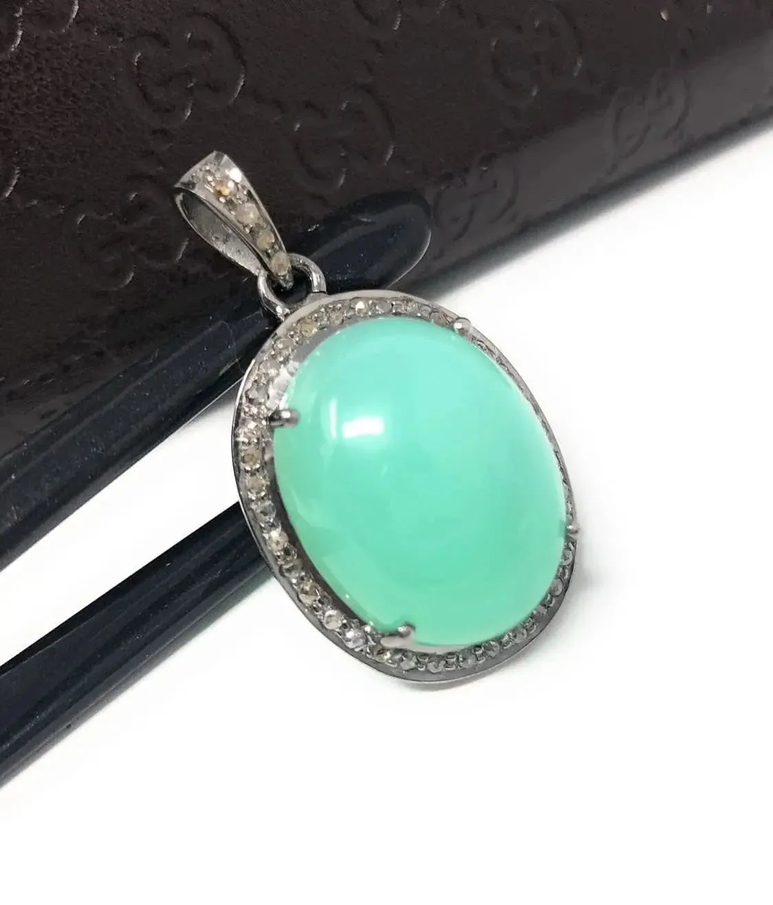 Charming Green Chrysoprase and Diamond Pendant in Oxidized Silver