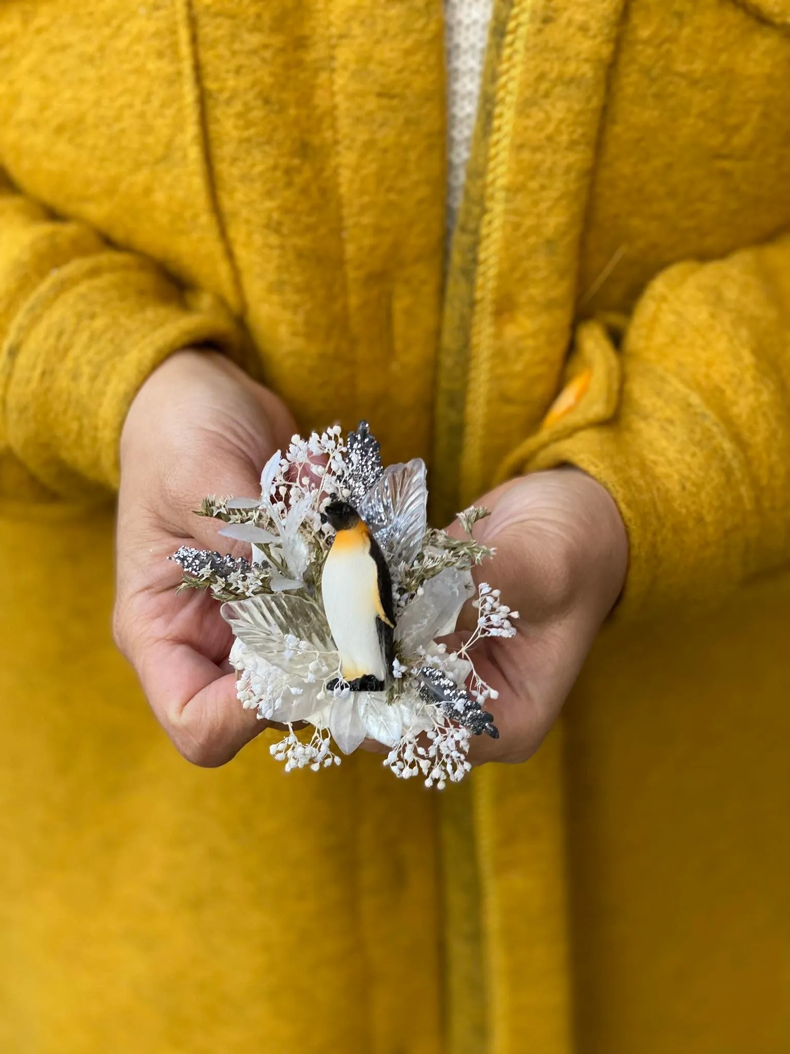 Christmas brooch with penguin Flower brooch for coat Winter happy feet brooch Handmade brooch Xmas gift Original and unique brooch Wedding
