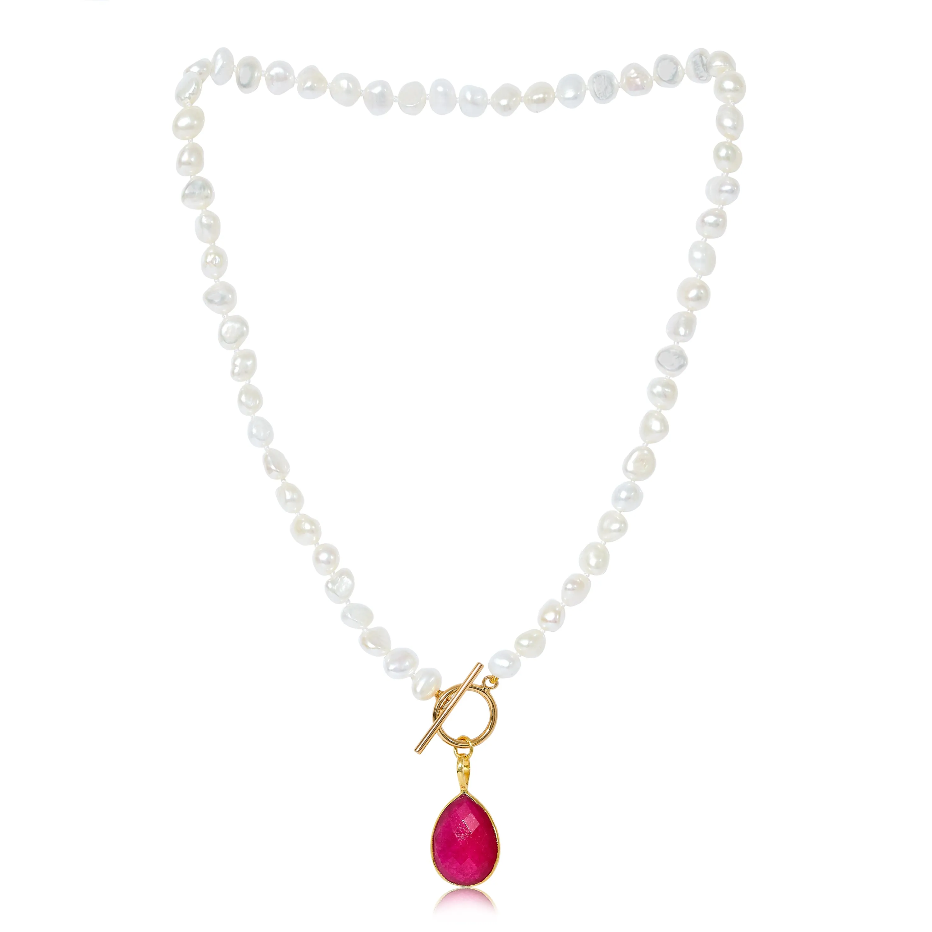 Clara cultured irregular freshwater pearl necklace with ruby quartz gold vermeil drop