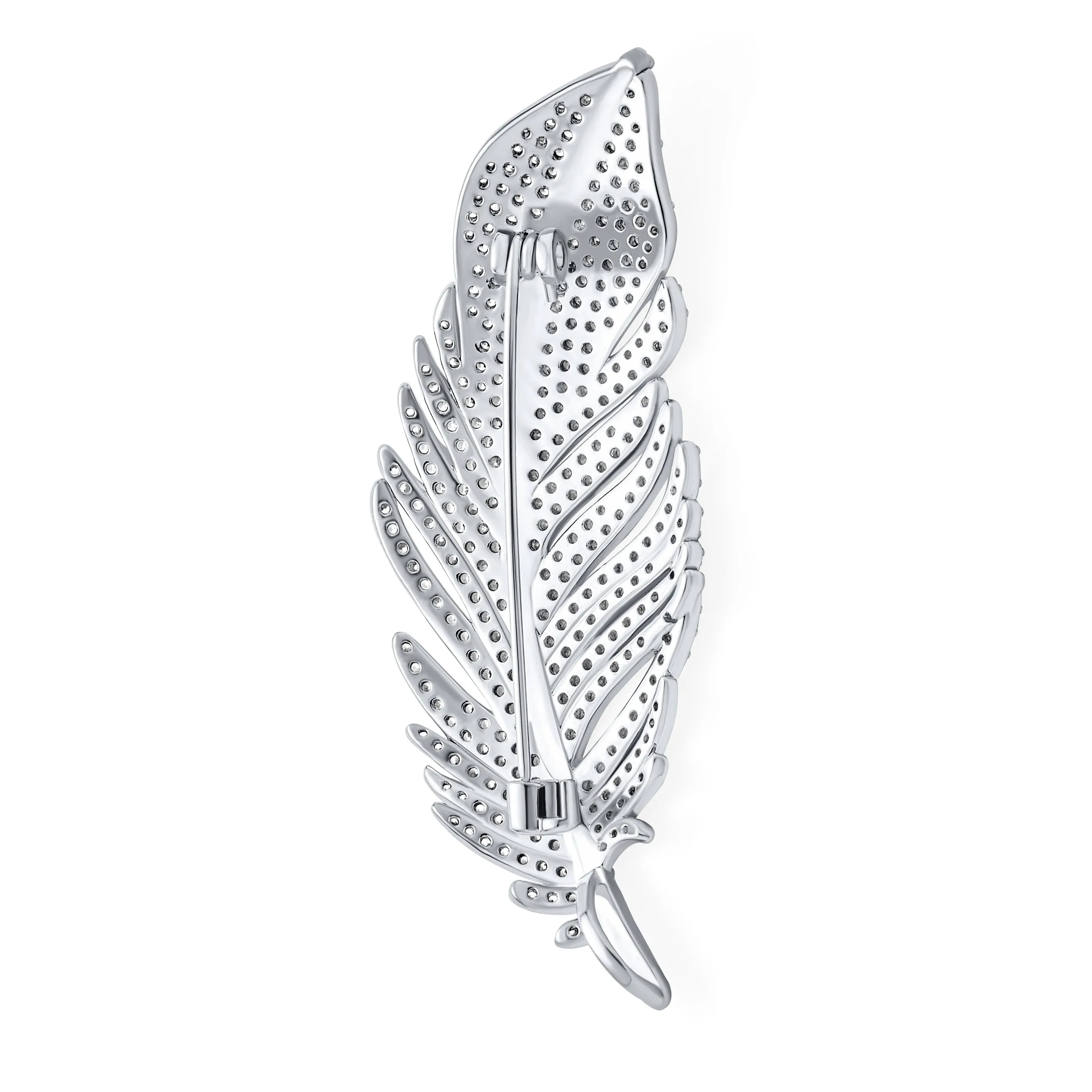 Classic Vintage Style Micro Pave CZ Fan Feather Leaf Brooche Pin & Pendant Rhodium Plated