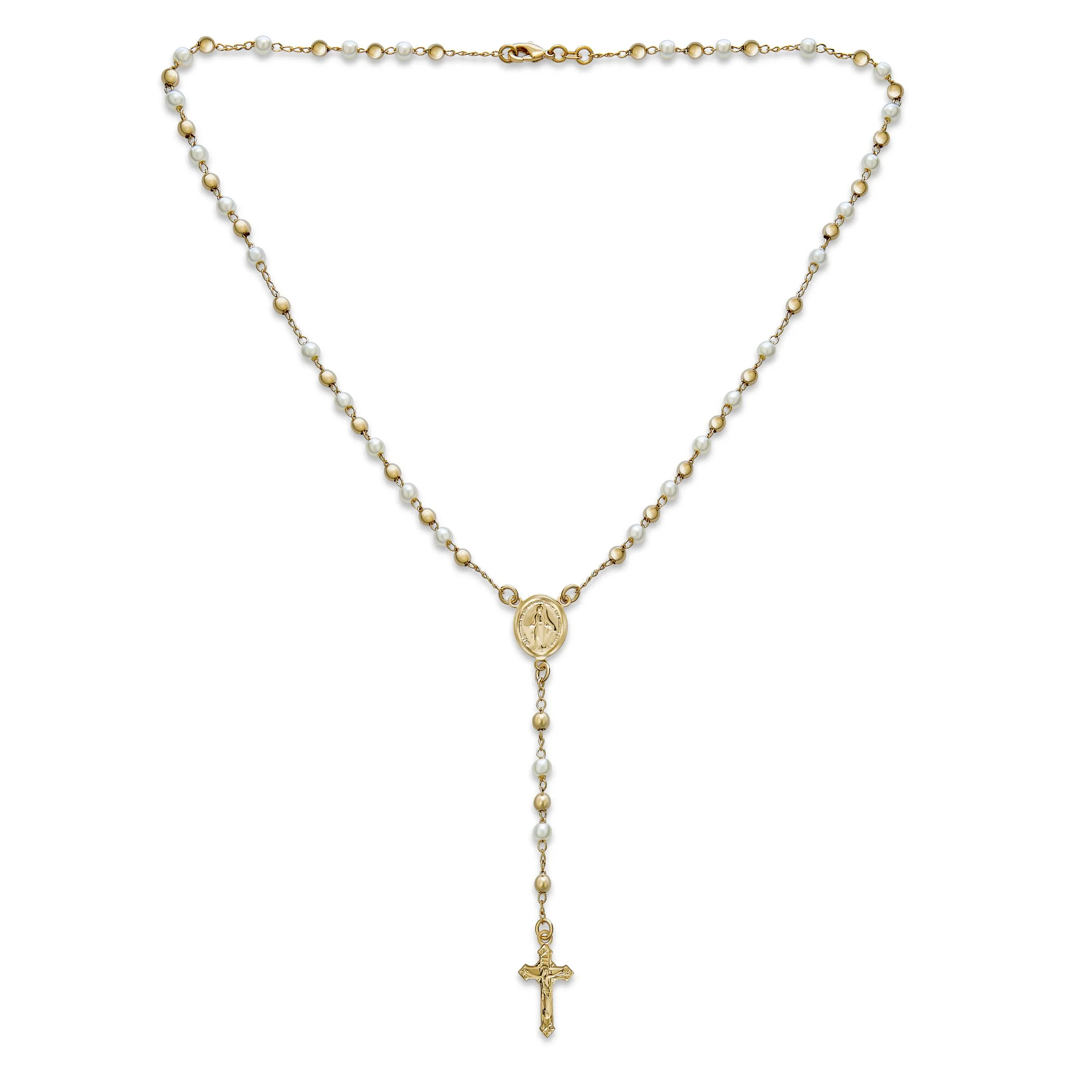 Dainty White Pearl Virgin Mary Rosary Necklace with Crucifix 18K Gold Plated