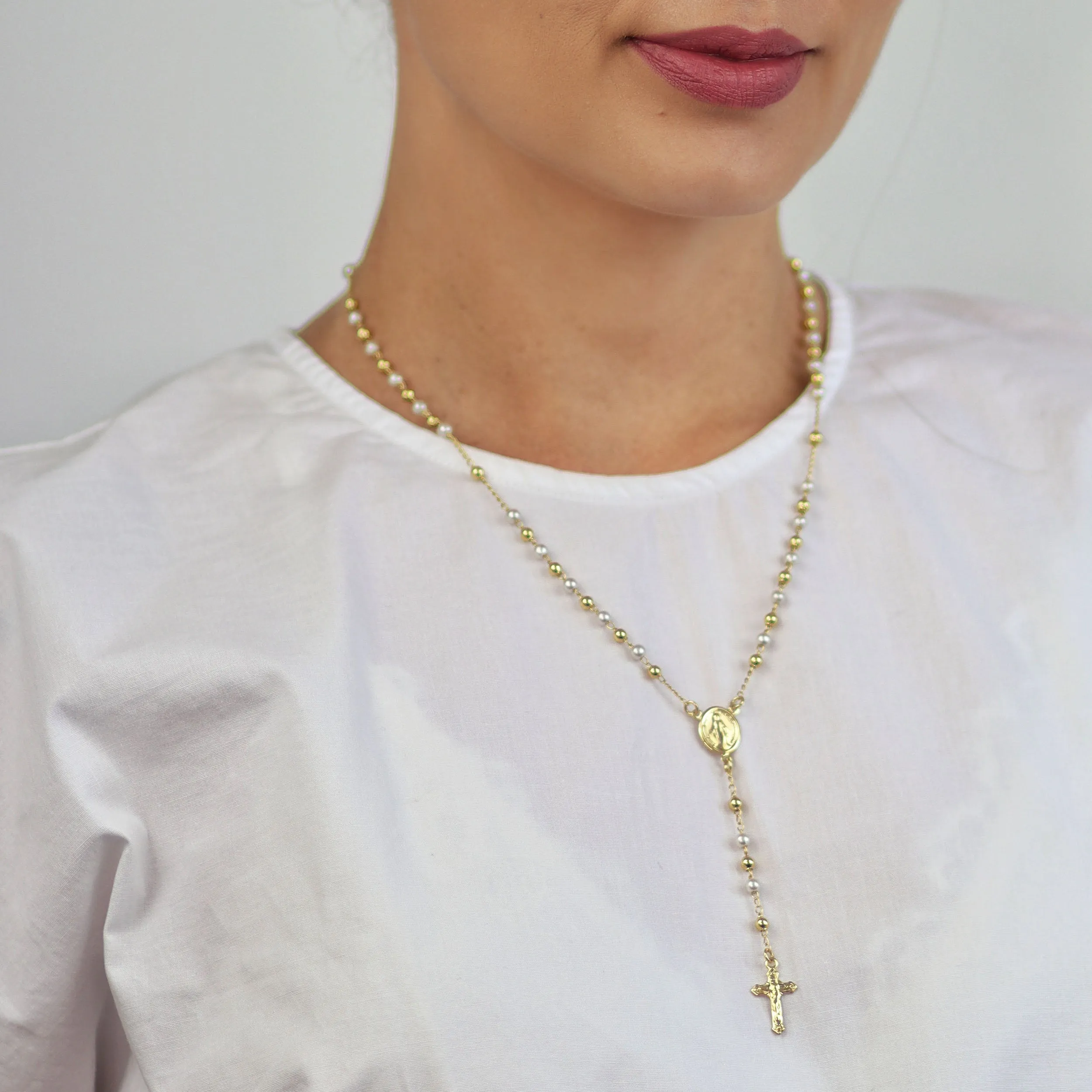 Dainty White Pearl Virgin Mary Rosary Necklace with Crucifix 18K Gold Plated