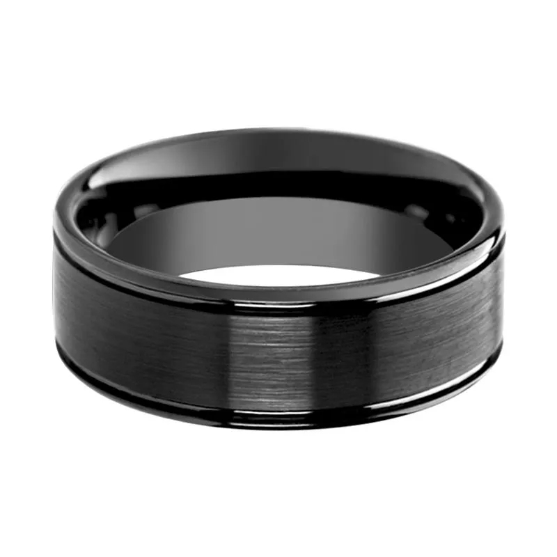 DAVID | Black Ceramic Ring, Dual Offset Grooves, Flat