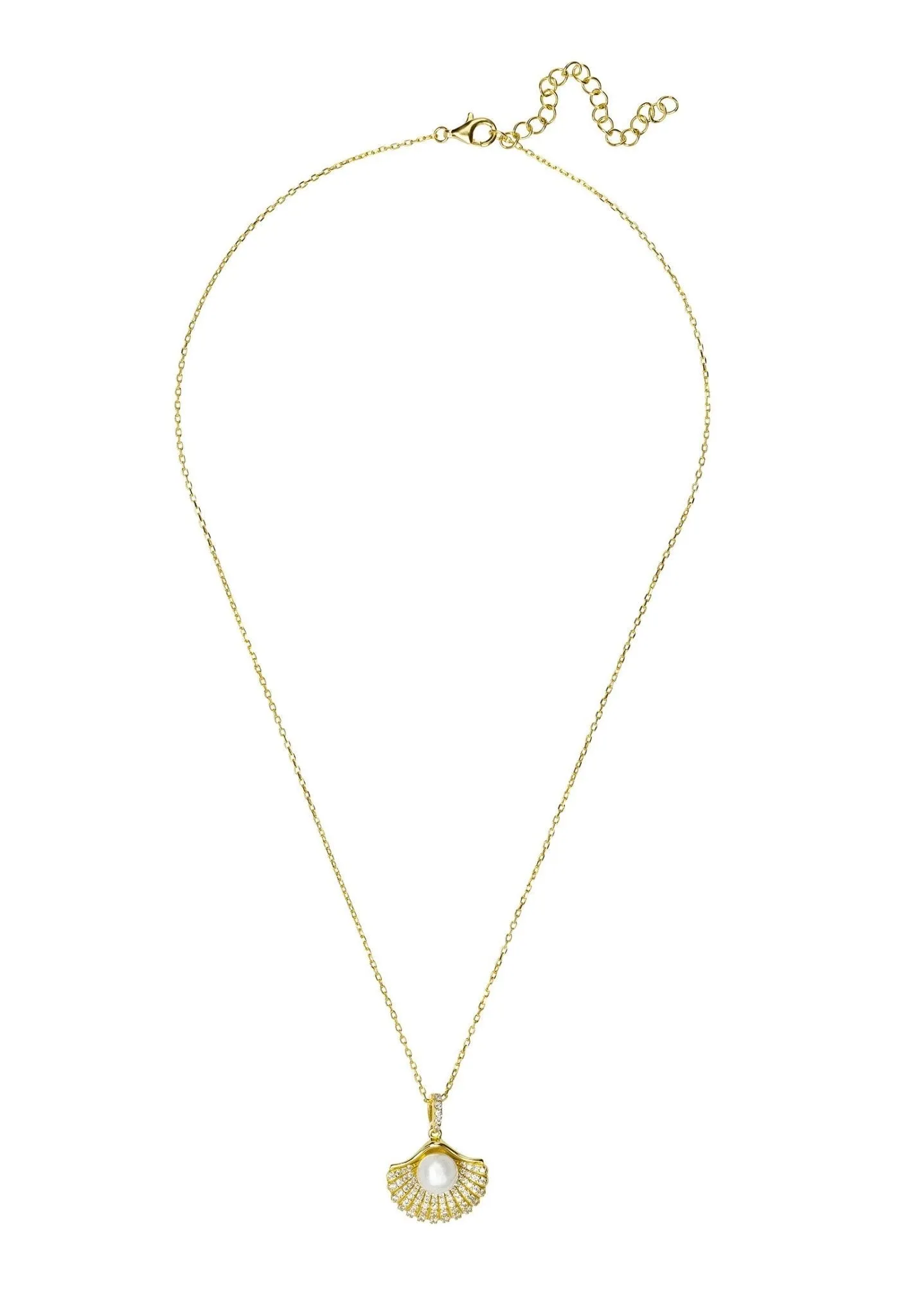 Deco Fan and Pearl Pendant Necklace Dipped in Gold