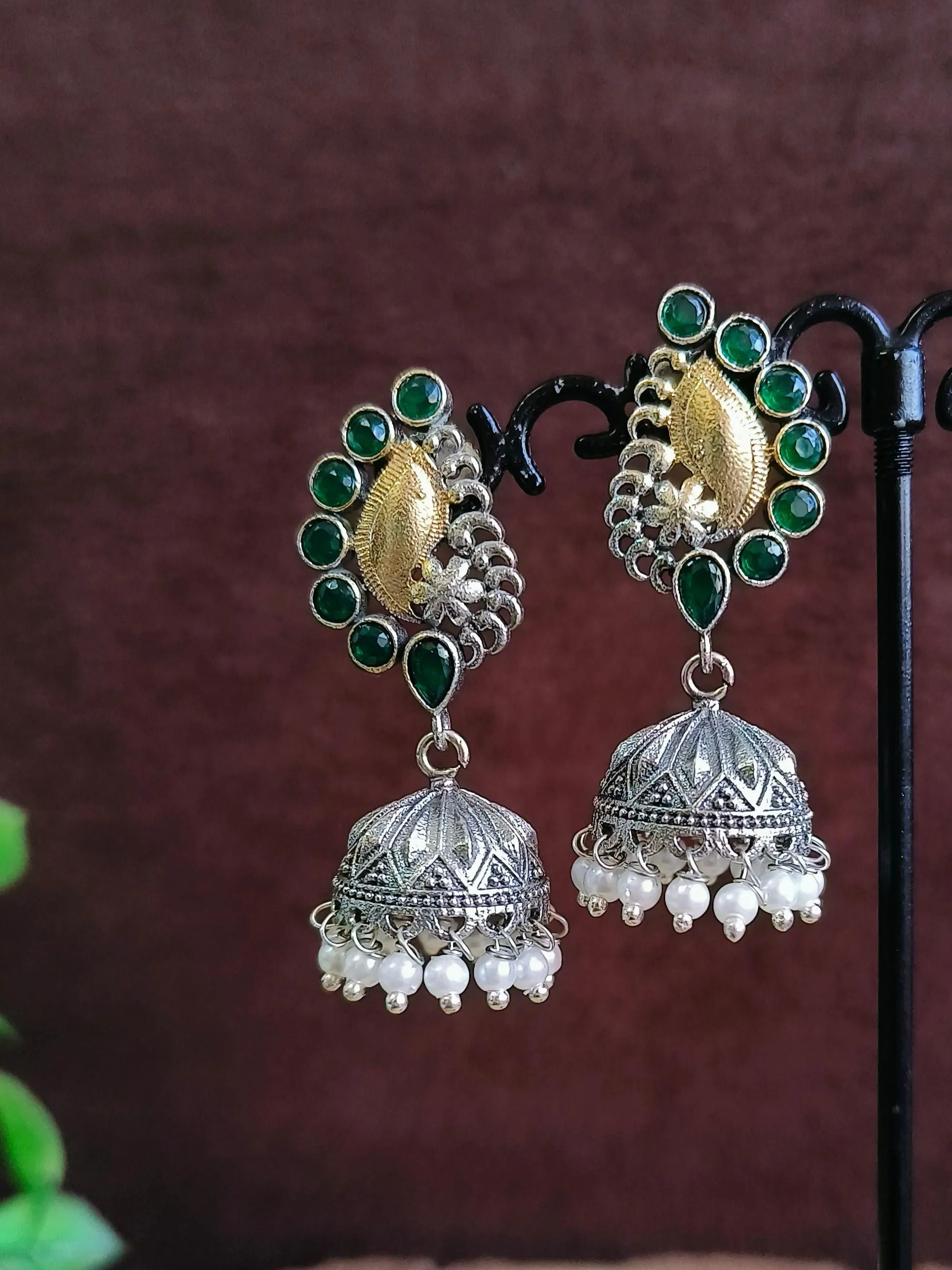 Dual Tone Oxidised Pearl Jhumki | Sarichka