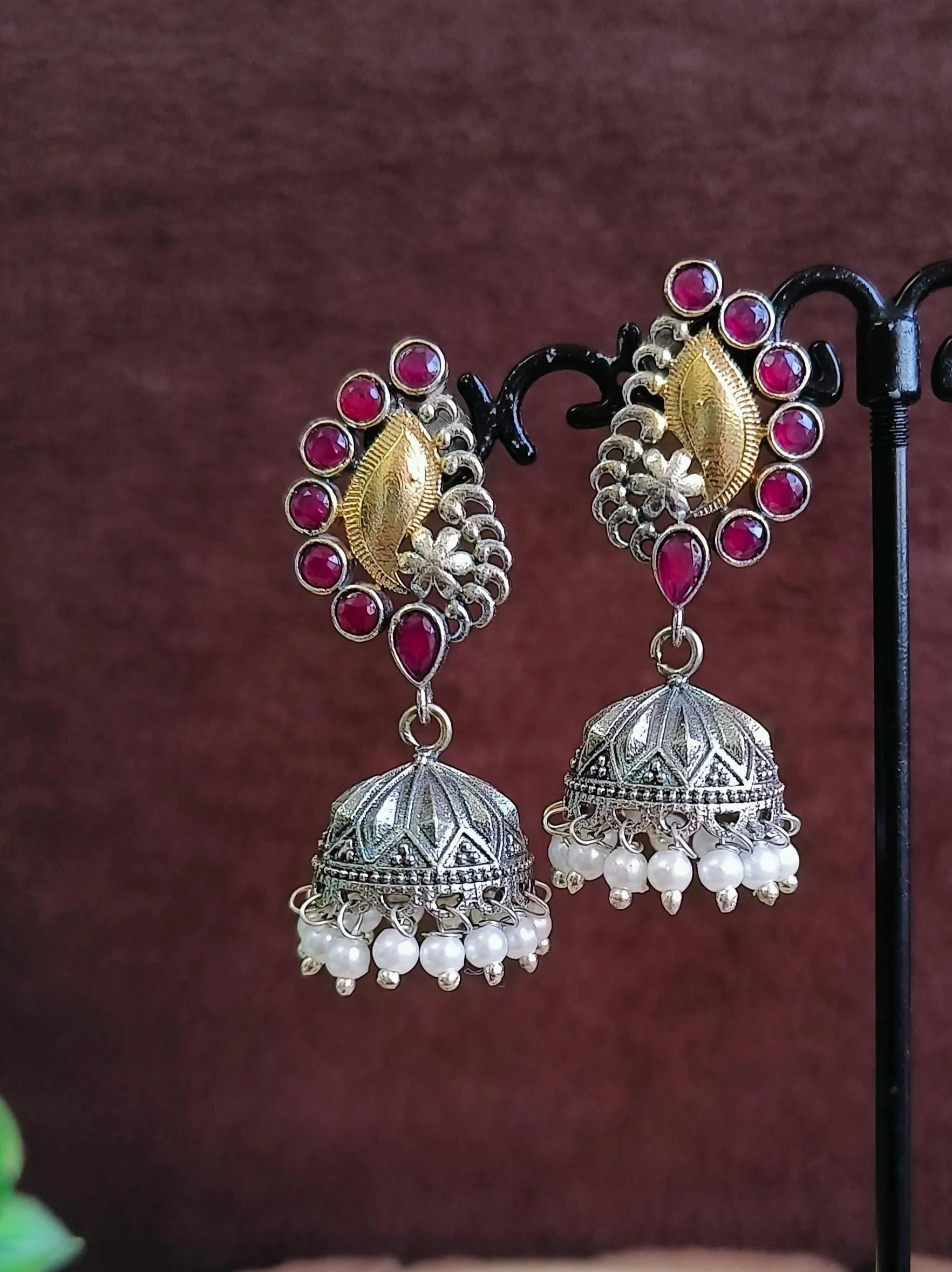 Dual Tone Oxidised Pearl Jhumki | Sarichka