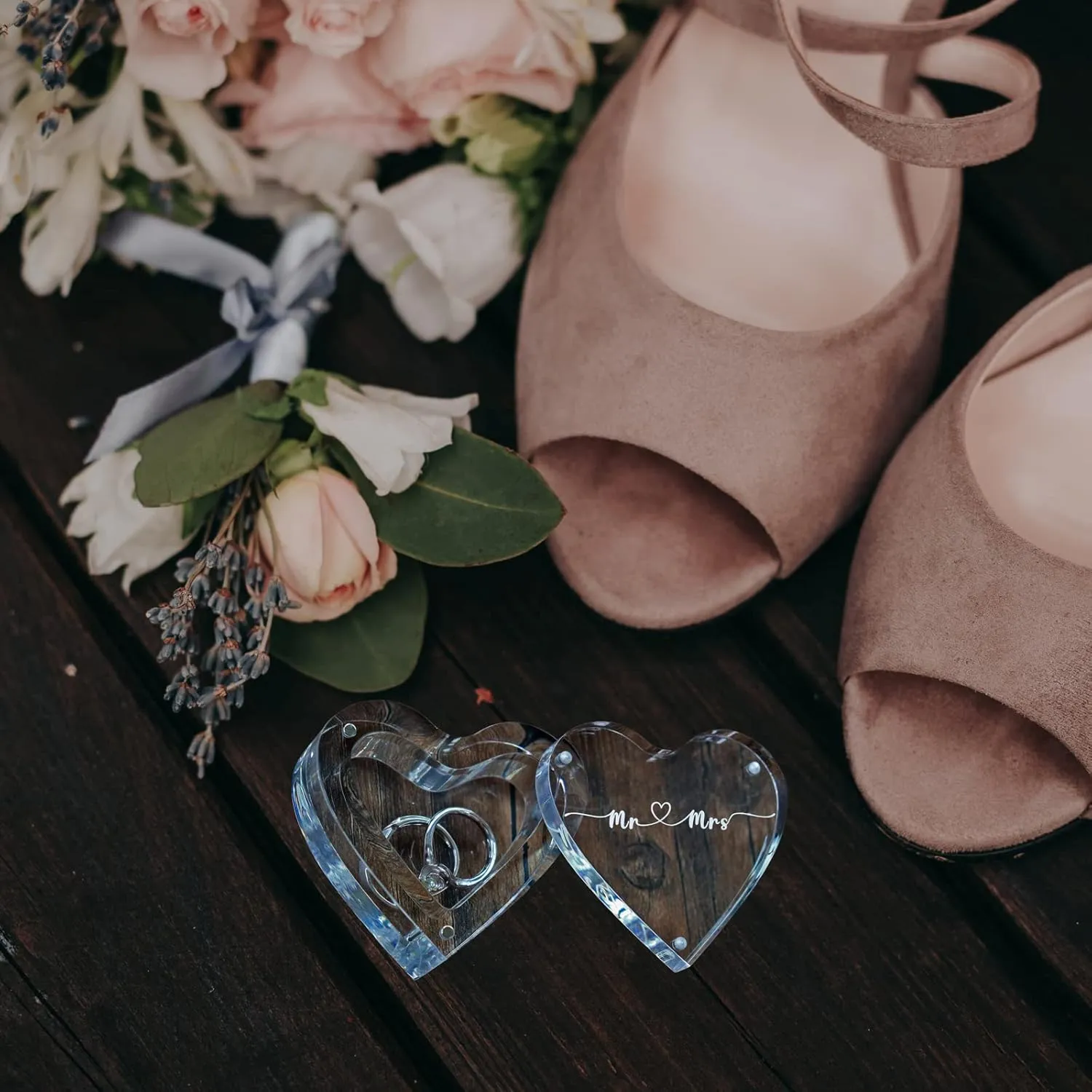 Engraved Wedding Ring Boxes for Ceremony Acrylic Ring Bearer Box for Wedding Proposal Engagement (Heart-Shaped B)