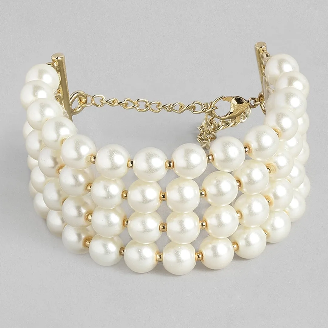 Estele Gold Plated Glowing Four Line White Pearl Bracelet for Girls & Women