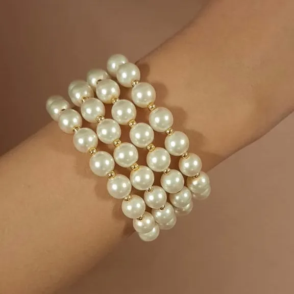 Estele Gold Plated Glowing Four Line White Pearl Bracelet for Girls & Women