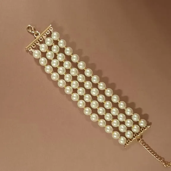 Estele Gold Plated Glowing Four Line White Pearl Bracelet for Girls & Women