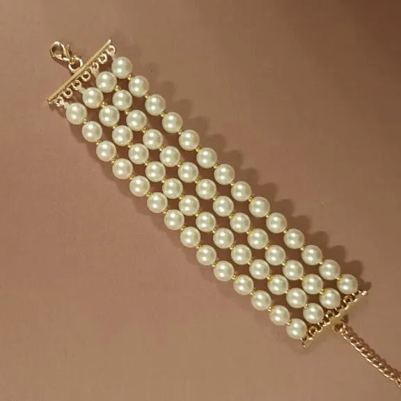 Estele Gold Plated Glowing Four Line White Pearl Bracelet for Girls & Women