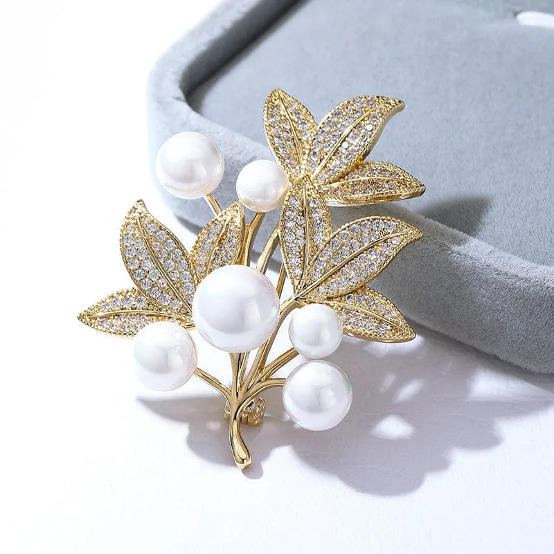Fall Leaves Brooch with Pearls and Clear Crystals