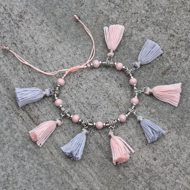 Fashion Crystal Wood Bead Strand Tassel  Barefoot Anklet