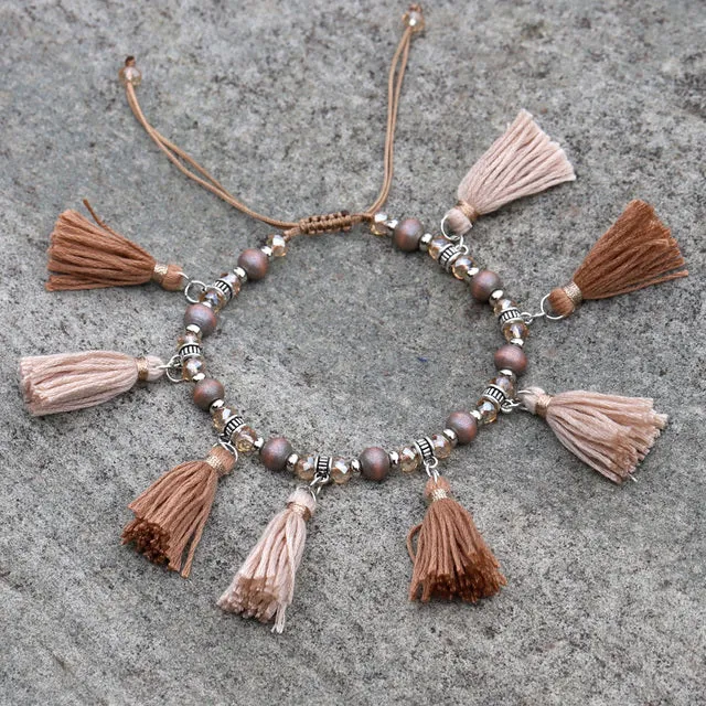 Fashion Crystal Wood Bead Strand Tassel  Barefoot Anklet