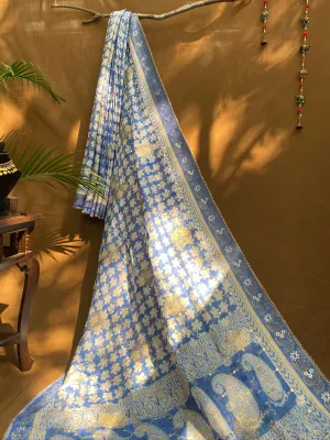 Flower Indigo Bagh Print Banarasi Saree