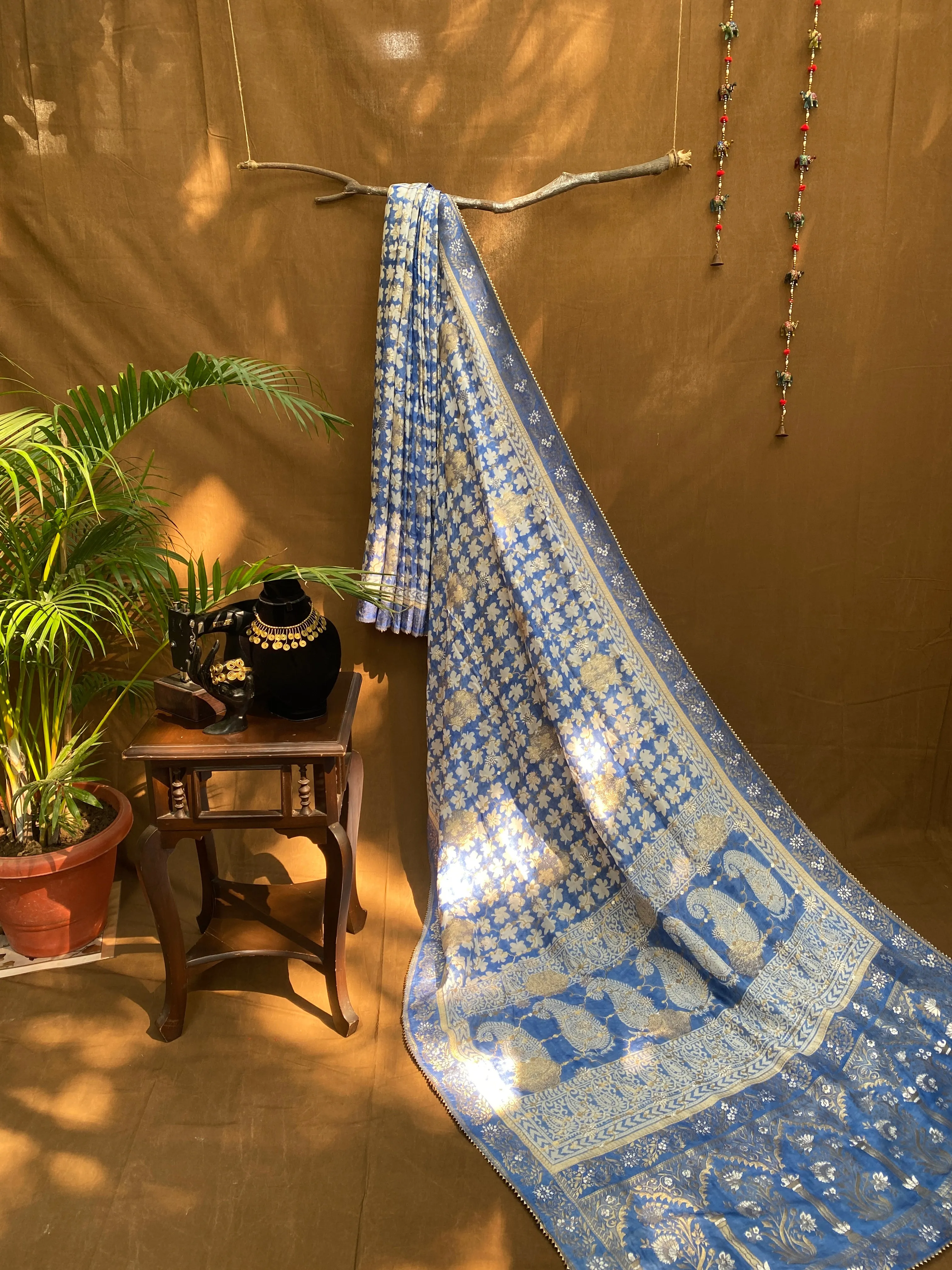 Flower Indigo Bagh Print Banarasi Saree