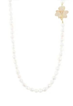 Flower Pearl Gemstone Long Necklace in Dipped White Gold