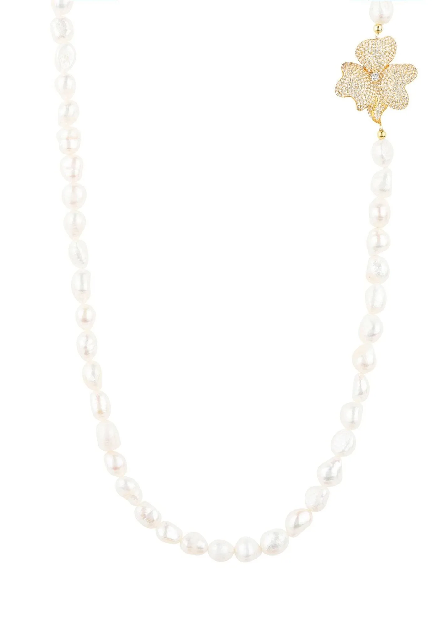Flower Pearl Gemstone Long Necklace in Dipped White Gold