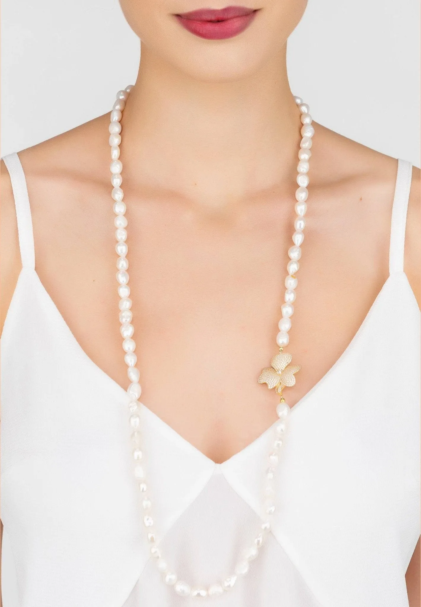 Flower Pearl Gemstone Long Necklace in Dipped White Gold