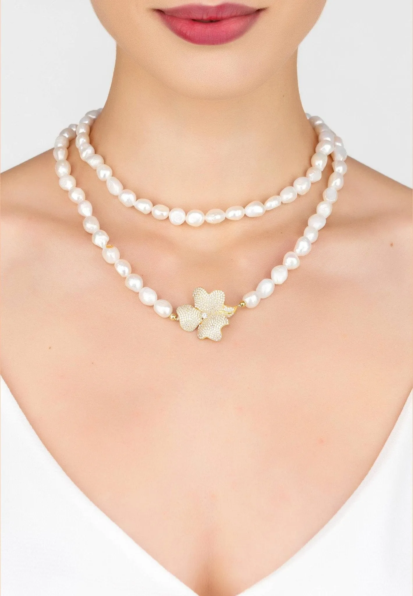 Flower Pearl Gemstone Long Necklace in Dipped White Gold