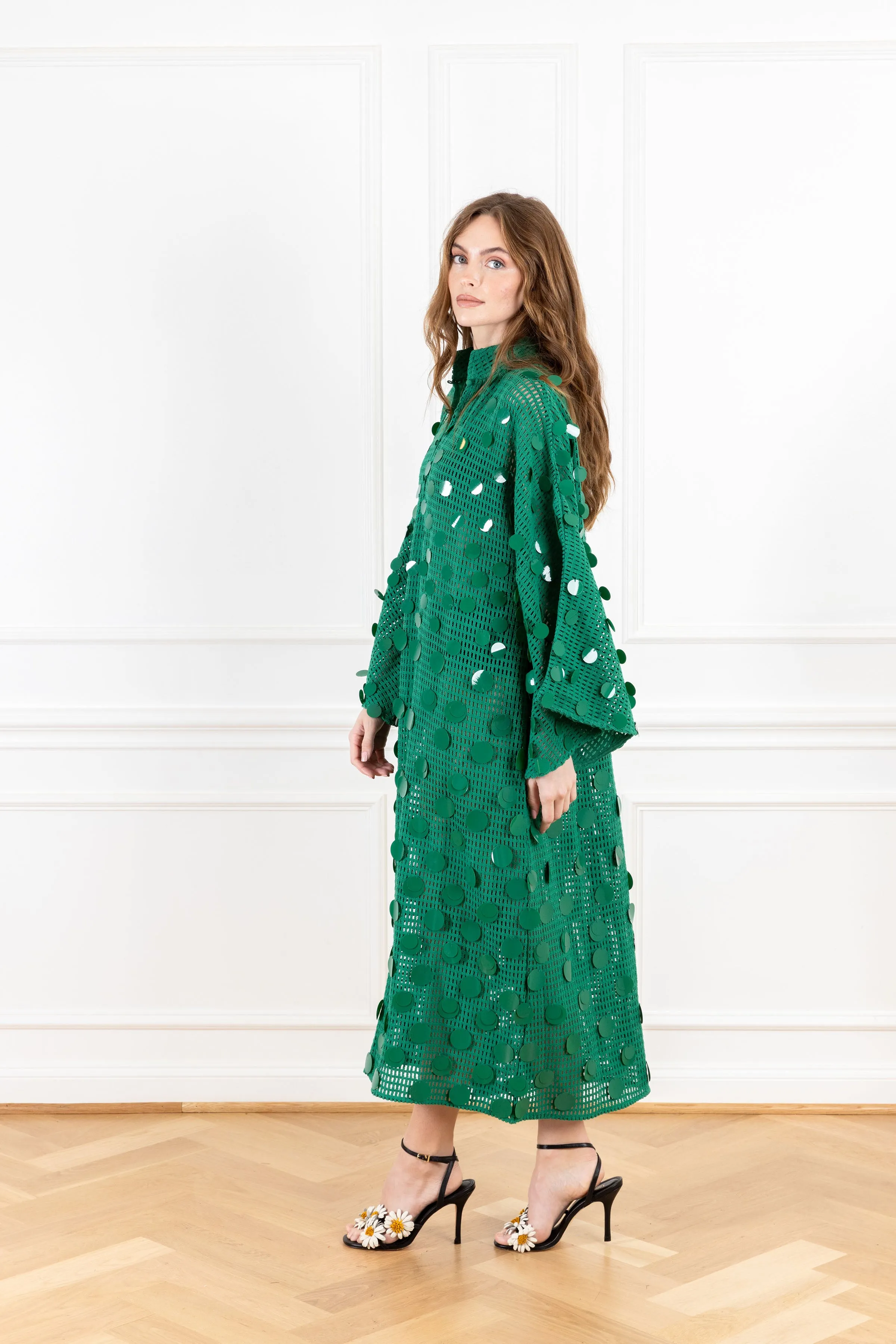 Forest Green Bangle Net Maxi Caftan
