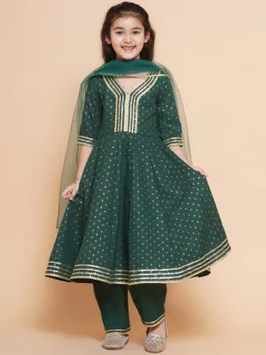 Girls Green Anarkali Gotta Patti Kurta & Trousers set With Dupatta