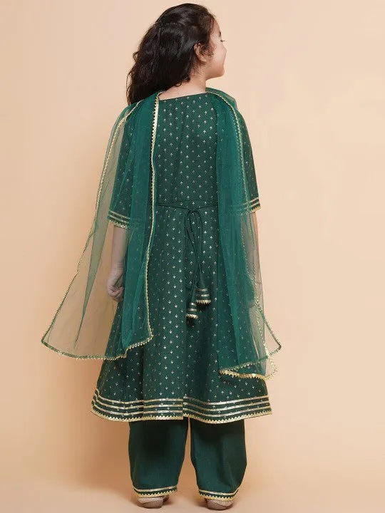 Girls Green Anarkali Gotta Patti Kurta & Trousers set With Dupatta