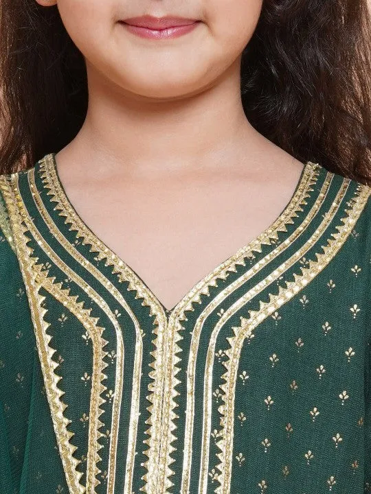 Girls Green Anarkali Gotta Patti Kurta & Trousers set With Dupatta