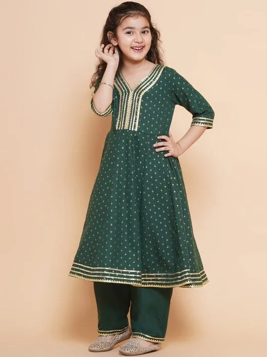 Girls Green Anarkali Gotta Patti Kurta & Trousers set With Dupatta