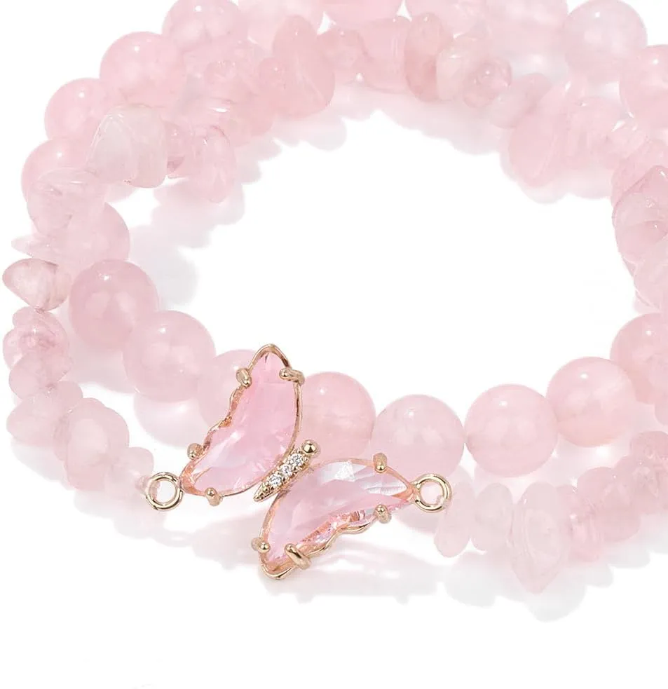 GolbalJew Amethyst Bracelet For Women Anxiety Amethyst Beaded Bracelets Butterfly Charms Healing Stone Layered Bracelet Gifts For Women