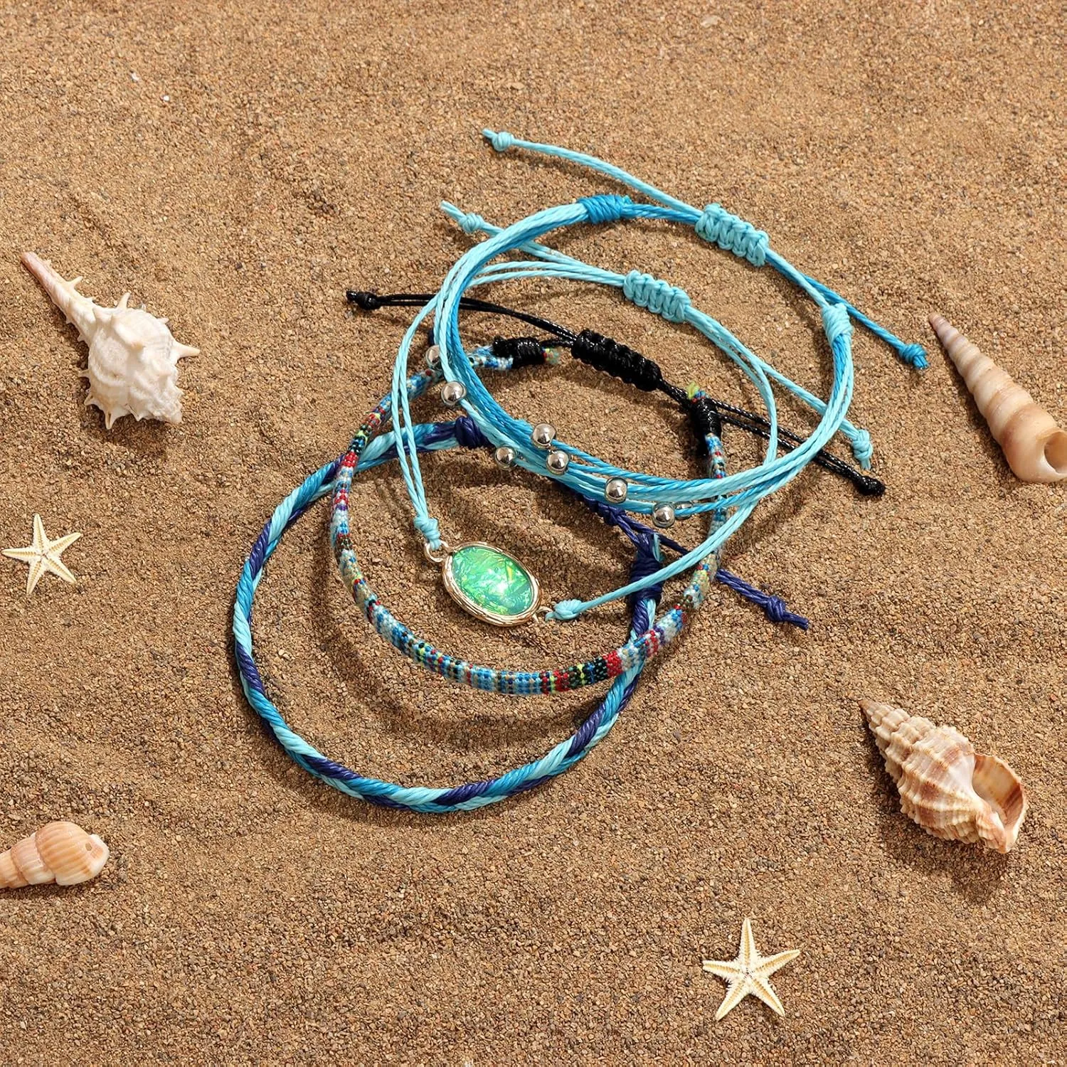 GolbalJew Boho Opal String Anklet Bracelet for Women Adjustable Summer Beach Surfer Ankle Bracelets Set Handmade Braided Rope Anklets Colorful Bohemian Jewelry